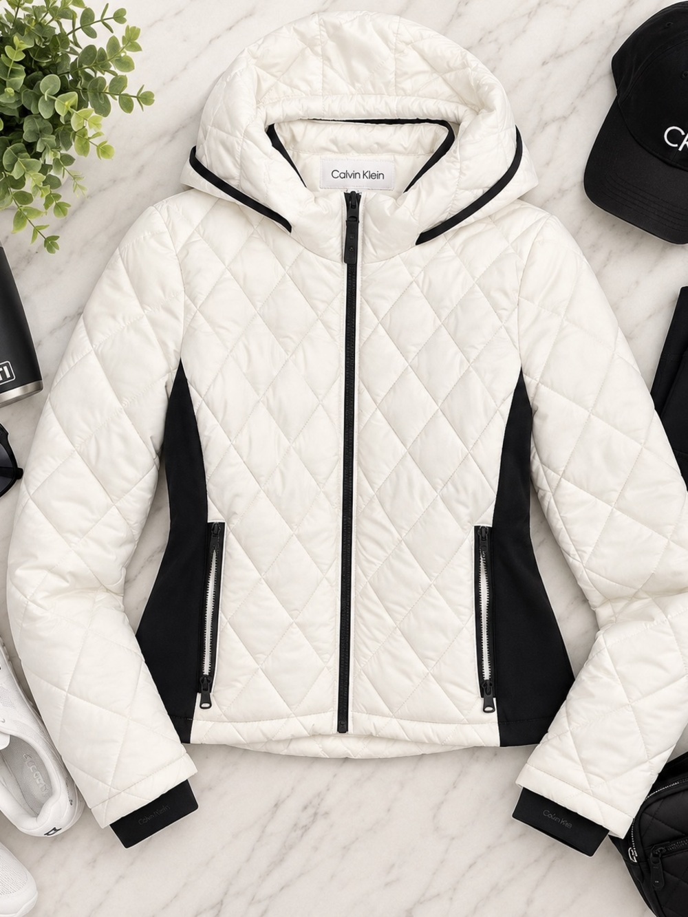 Calvin Klein White Quilted Hooded Jacket with Black Panels